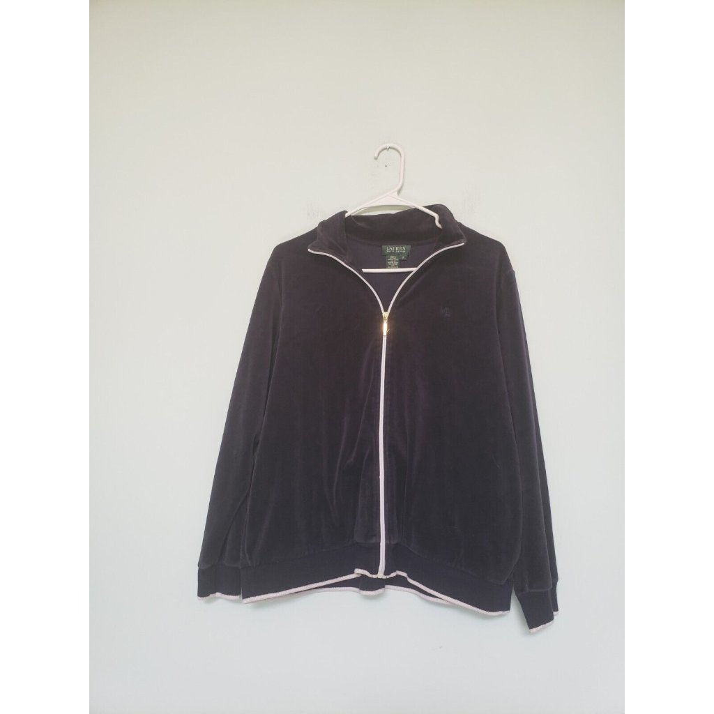 Vtg Lauren Ralph Lauren Women Plus 1x Track Jacket Navy Blue Velour Full Zip Usa